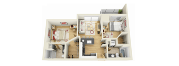 A 3D floor plan of a house with a kitchen, living room, and bathroom.