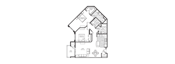 A black and white floor plan of a house with two bedrooms, a living room, a deck, a laundry room, and a closet.