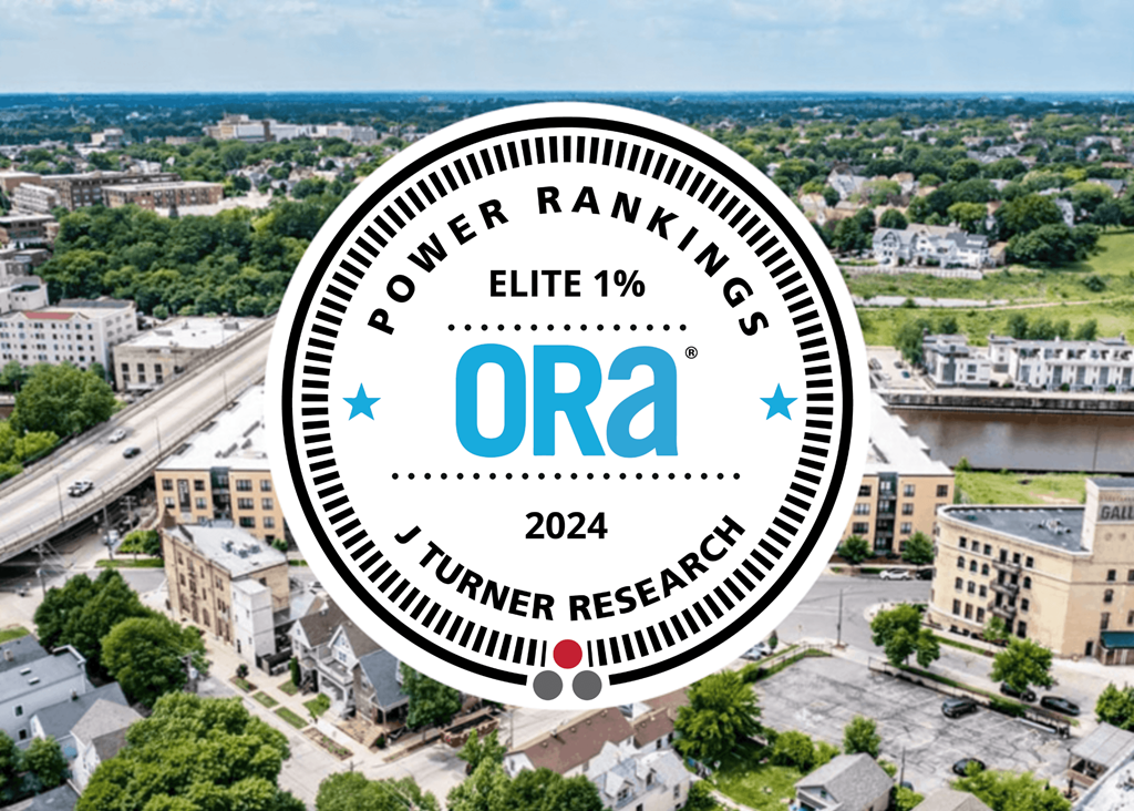 A cityscape with a circular logo overlay that reads