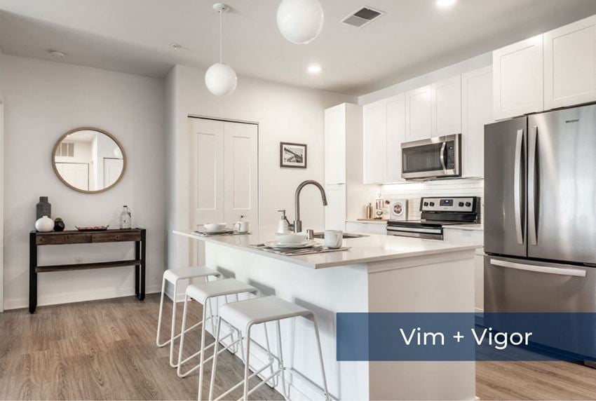 Vim + Vigor Lofts kitchen with stainless steel appliances and hardwood floors - Photo Gallery 1