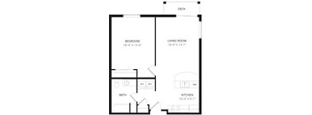 A floor plan of a small apartment with a bedroom, living room, kitchen, and bathroom.