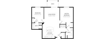 A black and white image of a house floor plan with a master bedroom, two living rooms, two bathrooms, a kitchen, and a deck.