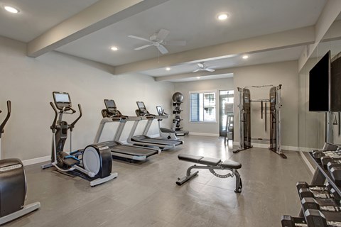 A spacious home gym with a variety of exercise equipment.