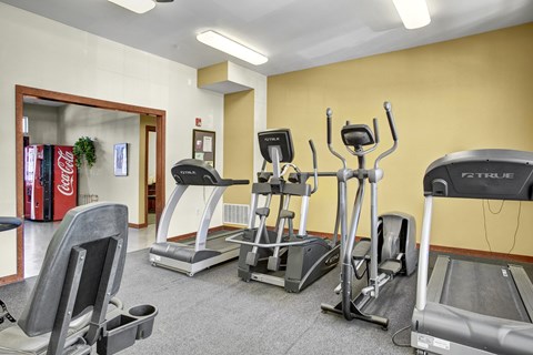 A gym with treadmills, elliptical machines, and a weight machine.