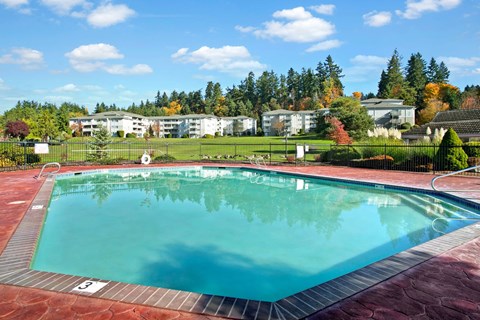 A large outdoor swimming pool with a red tile border.
