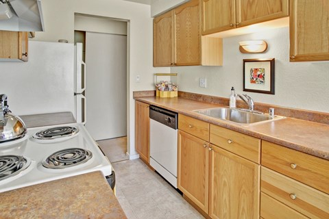 A kitchen with a stove top oven and a sink.