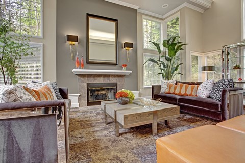A living room with a fireplace and a mirror on the wall.