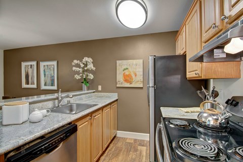 A kitchen with a black fridge and stove top oven.