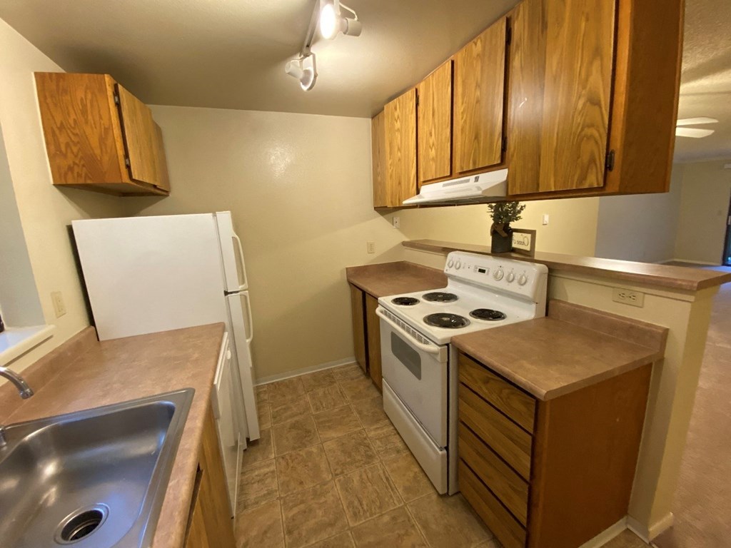 a kitchen with a stove refrigerator and sink