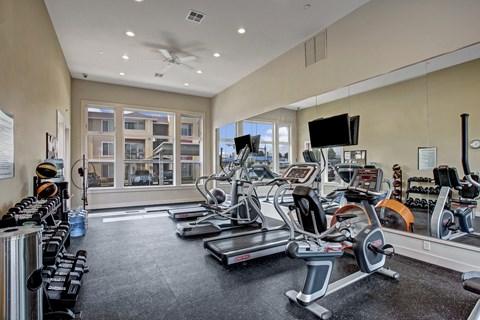 A spacious gym with treadmills, elliptical machines, and other exercise equipment.