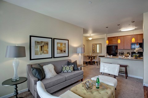 A living room with a grey couch and a coffee table.