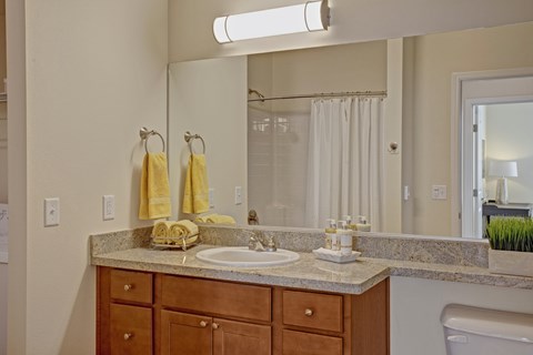 A bathroom with a sink, mirror, and towel rack.