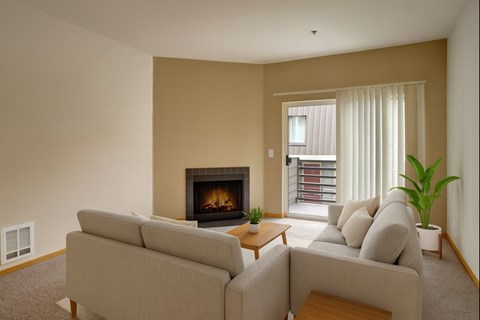 A living room with a fireplace and a couch.