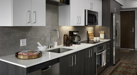 A modern kitchen with a stainless steel dishwasher and a white countertop.