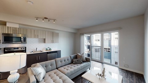 A modern living room with a grey sofa and a kitchen area with a stove and oven.