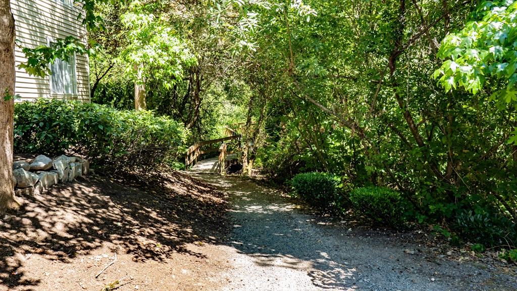 a path leading to a house in a wooded area