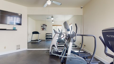 A spacious home gym with a treadmill, elliptical machines, and a television.
