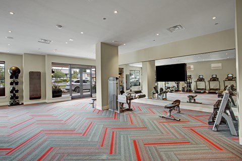 A gym with a red and grey carpet.