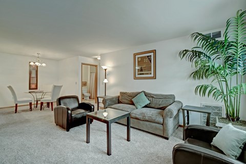 A living room with a couch, chair, and potted plant.