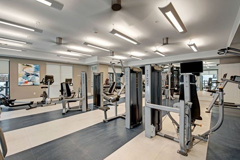 A modern fitness center here at River House including weights and strength training equipment, encompassed in an open, bright, and motivating workout envrionment.