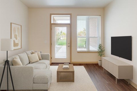 A living room with a grey couch, a coffee table, a television, and a plant.