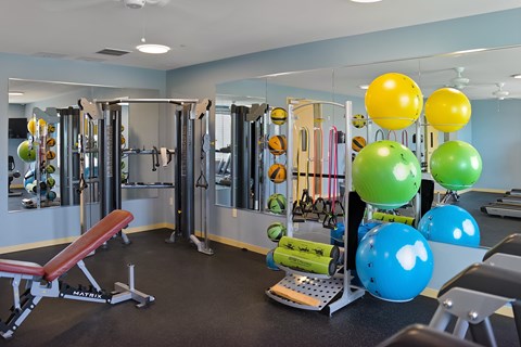 A gym with a variety of equipment including a red bench, a green ball, and a blue ball.
