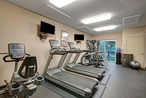 A gym with treadmills, elliptical machines, and a television.