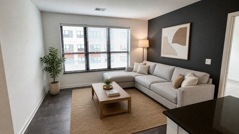 A living room with a couch, coffee table, and a plant.