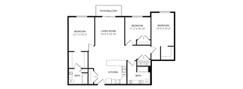 A black and white image of a house floor plan with a living room, two bedrooms, a patio/balcony, a kitchen, and two bathrooms.