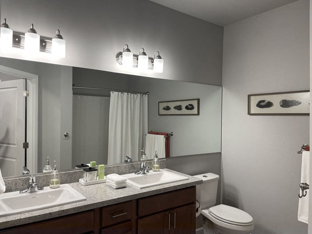 a bathroom with two sinks and a toilet and a mirror