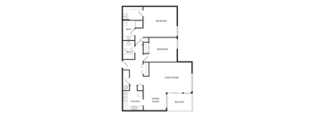 A black and white image of a floor plan for a house with a living room, dining room, kitchen, two bedrooms, and two bathrooms.