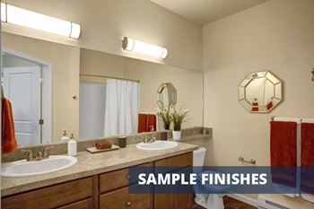 a bathroom with two sinks and a mirror