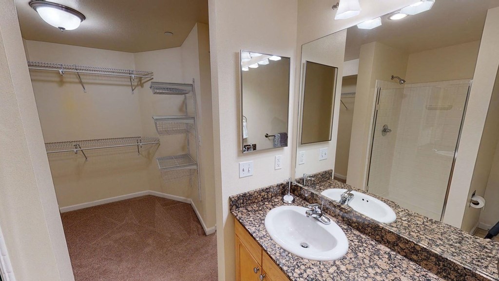 Spacious Admirals Cove Apartment bathroom with granite countertop and sink, large mirror, and walk-in closet. Shower with glass door. Modern, clean, and well-lit.