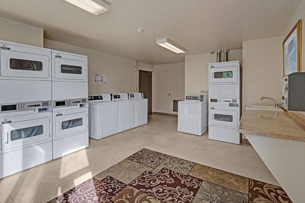 A bright laundromat at The Alpine Apartments with stacked white washers and dryers lining the left and back walls. A patterned carpet and utility sink are visible, creating a tidy, functional space.