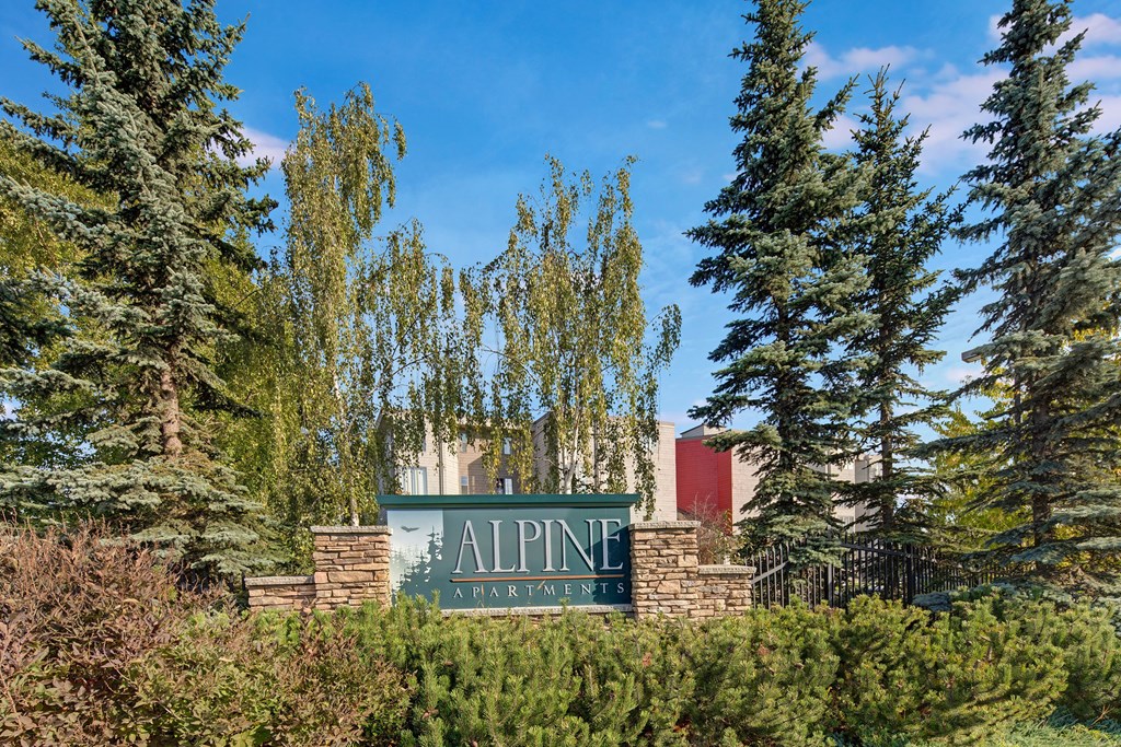 Alpine Apartments - Exterior Sign Sign for "Alpine Apartments" nestled among tall pine trees and shrubs against a clear blue sky, conveys a peaceful and welcoming atmosphere.