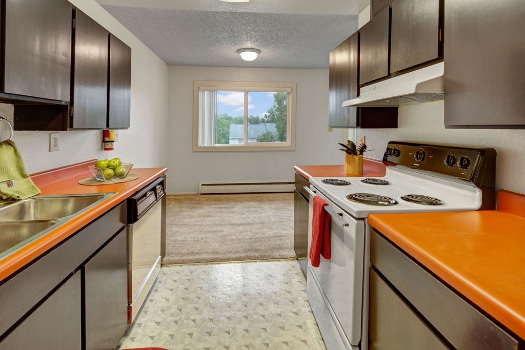 Kitchen with orange countertops, dark cabinets, and a white stove. A bowl of green apples and a utensil holder add color. Window view shows trees. Arctic Sun Apartments.