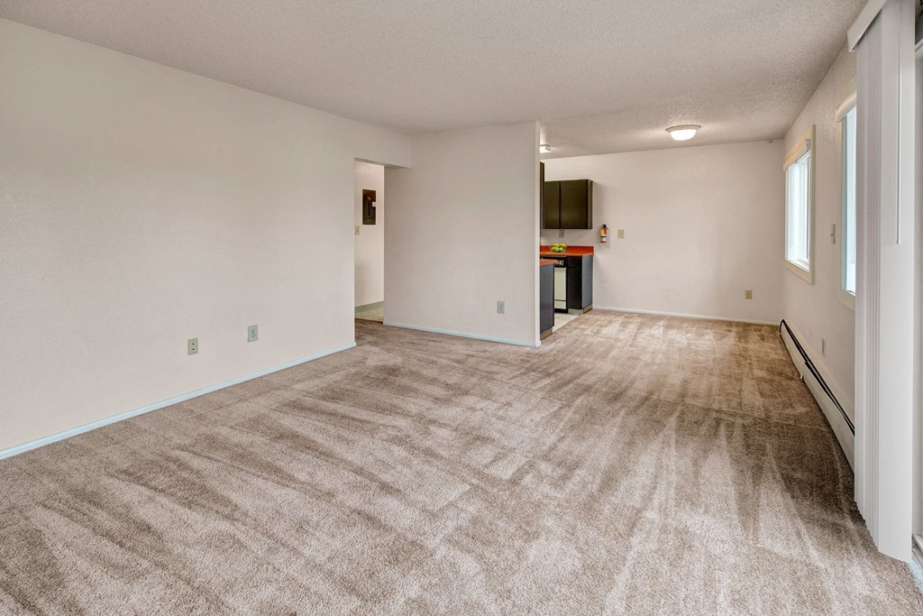 A spacious, neutral-toned living room with beige carpeting, white walls, and an open layout leading to a kitchen. Natural light filters through large windows. Arctic Sun Apartments.