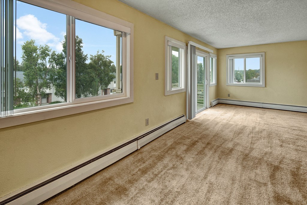 Bright, empty room with beige carpet, large windows, and glass sliding doors. Sunlight streams in, revealing green trees outside. Calm and airy atmosphere. Arctic Sun Apartments.