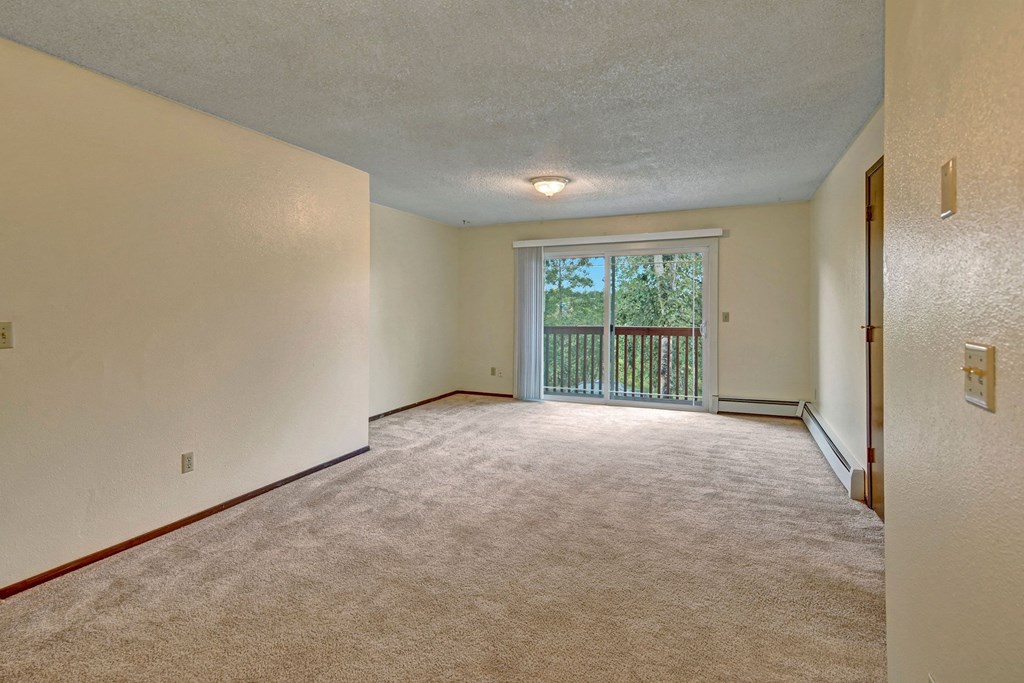 Brighton Woods Apartments - Living Area Spacious empty living room here at Brighton Woods Apartments with beige carpet, cream walls, a central ceiling light, and sliding glass doors leading to a balcony with a green view.