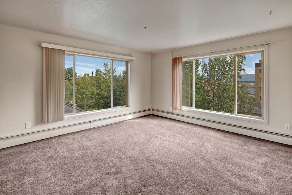 Bright, empty living room here at Castle Apartments with large windows showcasing a view of green trees and blue sky. Beige carpet and walls create a calm, spacious atmosphere.