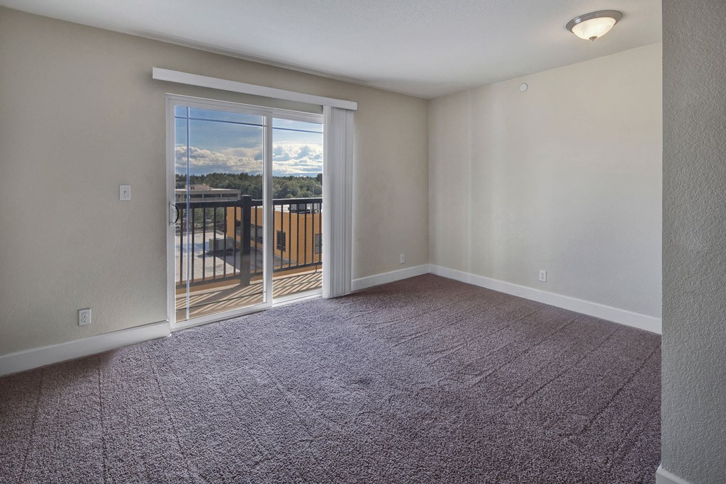 Living room here at City View Apartments with beige walls and gray carpet, featuring a large glass sliding door leading to a balcony. Bright natural light and neutral decor.