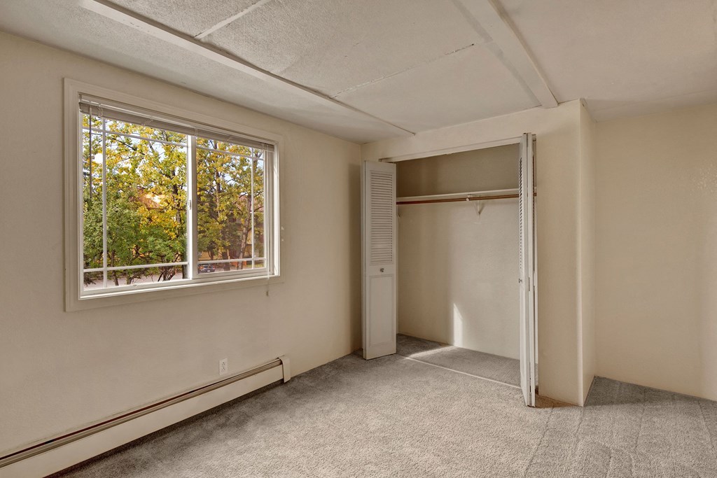 Empty bedroom here at College View Apartments with beige walls and carpet, featuring a window with a view of trees. Open closet on the right. The space feels calm and minimalistic.