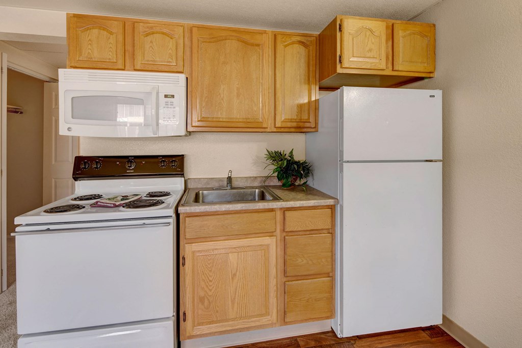 Small kitchen here at College View Apartments with light wood cabinets and light brown countertops. Includes a white stove, microwave, fridge, and a potted plant by the sink.