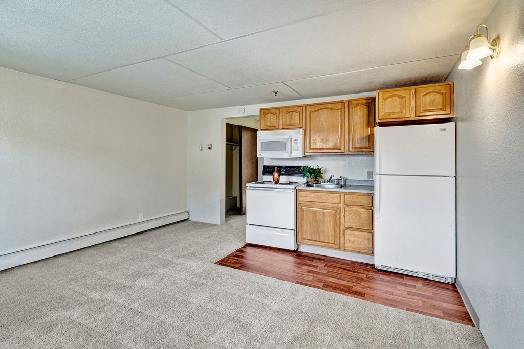 Compact studio apartment here at College View Apartments with light carpet and a small kitchen. Features wooden cabinets, white appliances, and a bright, minimalistic design.