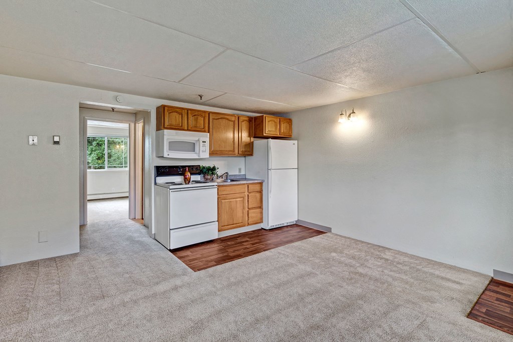 Small kitchen here at College View Apartments in an apartment with wooden cabinets, white appliances, and beige carpeting. A window brightens the adjacent room, adding warmth.