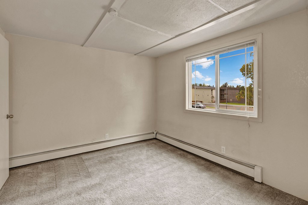 Empty bedroom here at College View Apartments with beige walls, light gray carpet, and a large window revealing a view of trees and buildings outside. The tone is calm and neutral.