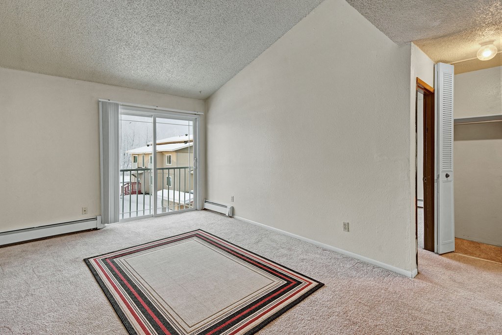 Empty living room here at Conifer Grove Apartments with beige carpet and a square rug. A sliding glass door opens to a snowy view. Neutral walls and a closet add a minimalist feel.