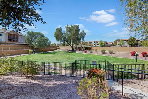 Fenced grassy park area here at Pala Mesa Apartments with trees and surrounded by residential buildings. Bright sky and scattered clouds convey a peaceful, sunny atmosphere.