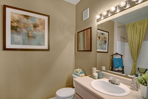 A cozy bathroom here at Pala Mesa Apartments with beige walls features abstract art, a wide mirror with bright lights, and neatly arranged towels. A shower curtain adds a touch of green.