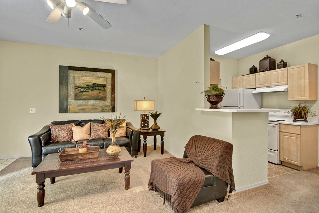 Cozy living room here at The Retreat at Speedway Apartments with a black leather sofa, decorative pillows, coffee table, art on the wall. Open kitchen with light wood cabinets in the background.